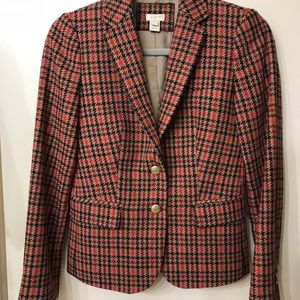 J. Crew Red Black Tan Houndstooth Wool Blazer